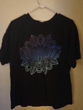 Port and Company Black Women's Tee with Iridescent Mandala Butterfly
